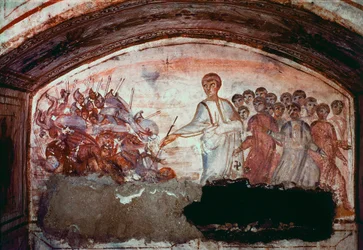Paleochretian Art (období starověkého Říma): Průchod Rudým mořem. Freska z katakomby Via Latina v Římě. 4. století. - Paleochristian art (období starověkého Říma): přechod Rudého moře. Freska z katakomby Via Latina. 4. století