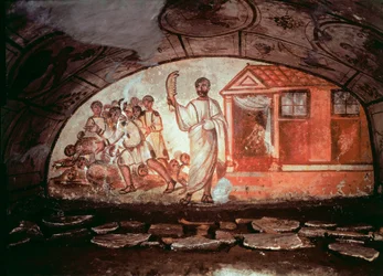 Paleochrétské umění (období starověkého Říma): Samson, zbraň oslí čelisti, masakruje 1000 Pelištejců. Freska z katakomby Via Latina v Římě. 4. století. - Raně křesťanské umění. Samson udeřil Pelištejce čelistí aktiva. Fres