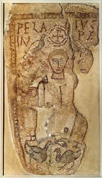 Paleochrétský starověk: “” Reprezentace asketského mnicha Pelage (nebo Pelagia) (350-420)”” Pohřební mozaika z Tuniska. Paříž, muzeum Louvre