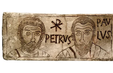 Sarkofág zobrazující apoštoly Petra a Pavla, ranou křesťanskou civilizaci