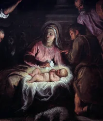 Klanění pastýřů Detail obrazu od Palmy Giovane (1544-1628). Ženeva ze 17. století, Muzeum umění a historie