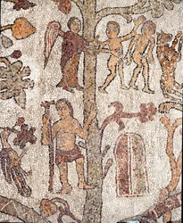 Adam a Eva loví z mozaiky Zemského ráje Pantaleone, kněze a mozaikáře. 1163-1166. Centrální loď katedrály Otranto