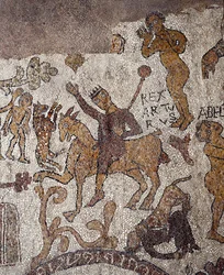Zobrazení krále Artuše a Percevala. Mozaika od Pantaleona, kněze a mozaikáře. 1163-1166. Hlavní loď katedrály v Otrantu (Otranto), Itálie