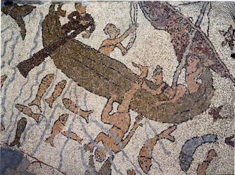 Prorok Jonas je letadlem k moři Detail. Mozaika Pantaleone, kněz a mozaika. 1163-1166. Centrální loď Cathedrale of Otranto (Otranto), Itálie