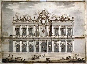 Návrh fasády, pravděpodobně pro „Festa della Chinea“ z roku 1766 (pero a hnědý inkoust a praní v papíru)