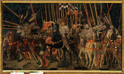 Bitva u San Romana mezi Florenťany a Sienese dne 2. června 1432 (protiútok Micheletta da Cotignola). Obraz od Paola di Dono dit Uccello (1397-1475) 1456 Sun. 1,8x3,2 m Paříž, Musee du Louvre.