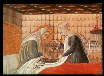 Narození Panny Marie, detail sv. Anny a doprovodu, 1440 freska viz také 85549