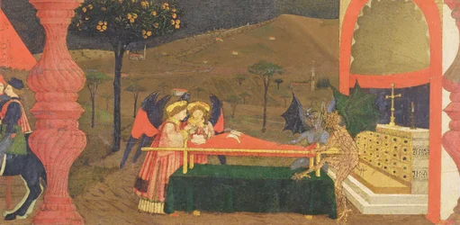 Predela Znesvěcení hostie: tělo židovského zastavárníka střežené anděly a ďábly, kolem 1468 (detail)