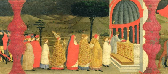 Predela Znesvěcení hostie: papež vrací posvěcenou hostii na oltář, kolem 1468 (detail)
