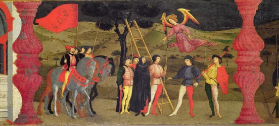 Predela Znesvěcení hostie: Kající se křesťanka je oběšena za zastavení posvěcené hostie, kolem roku 1468 (detail)
