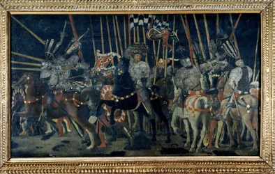 Protiútok Micheletta da Cotignola (bitva u San Romana). Druhá epizoda ilustrující protiútok Micheletta da Cotignola. Obraz od Paola di Dono dit Paolo Uccello (1397-1475)