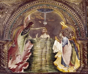 Ježíšův křest, detail polyptika Santa Chiary. (olej na dřevě, cca 1350)
