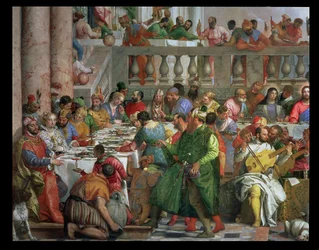 Svatební hostina v Káně, detail hodovního stolu s mužem v zeleném hábitu a trpaslíkem s papouškem, c.1562 detail olej na plátně z 94932