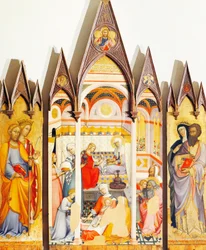 Oltářní obraz Narození Panny Marie od Paola di Giovanni Fei (asi 1345-asi 1411), tempera na dřevě
