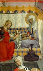 Oltářní obraz Narození Panny Marie od Paola di Giovanni Fei (asi 1345-asi 1411), tempera na dřevě, detail