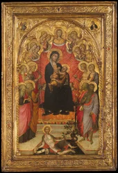 Madona s dítětem na trůnu se svatým Janem Evangelistou, svatým Petrem, svatou Anežkou..., c1385-90.