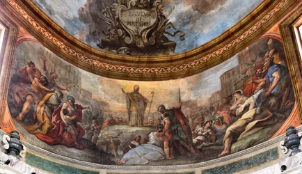 Fresky Paola de Matteis z roku 1714 na klenbě a na bubnu, zobrazující život světce, kaple San Cataldo v katedrále, Taranto, Itálie (foto)