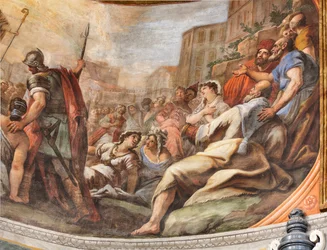 Fresky Paola de Matteis z roku 1714 na klenbě a na bubnu, zobrazující život světce, kaple San Cataldo v katedrále, Taranto, Itálie (foto)