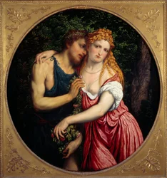 Dafnis a Chloé. Mytologické zobrazení dvojice. Obraz od Parise Bordona neboli Bordoneho (1500-1571)