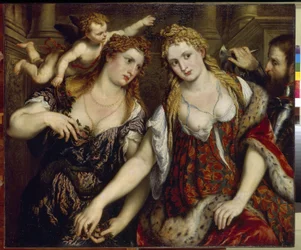 Flora, Venuše, Mars a Cupid (Flora, Venuše, Mars a Cupid). Obraz Paris Bordone (1500-1571), olej na plátně, kolem roku 1550. Italské umění (Benátky)