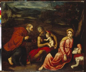 Odpočinek na útěku do Egypta. Obraz Paris Bordone (1500-1571), olej na plátně