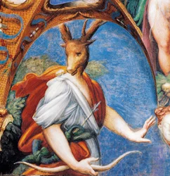 Actaeonova proměna v jelena, z mýtu o Dianě a Actaeonu, cca 1524, od Francesca Mazzoly známého jako Parmigianino (1503-1540), freska, Pokoj Diany a Actaeona, Rocca Sanvitale, Fontanellato, poblíž Parmy, Emilia-Romagna, Itálie