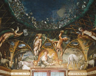 Ceres navštěvující akce obklopená loveckými psy a cherubíny z mýtu o Dianě a Actaeonu