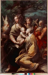 Madona s dítětem, svatá Markéta, svatý Michael, svatý Jeroným a svatý Petronius (Petrone, Petronius). Obraz Francesca Mazzoly, zvaného Il Parmigianino neboli Parmský (1503-1540), 1528-1529. Rozměry: 222 x 147 cm. Bologna, Pinacoteca Nazionale.