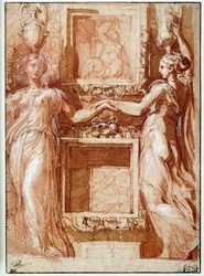 Dva canephores podávající ruku, na obou stranách krabic Kresba inkoustem, lazurou, krví a bílými chlopněmi od Girolama Francesco Maria Mazzola dit Parmigianino nebo Le Parmesan