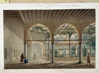 Orientalismus: dervišský klášter a fontána. Kresba Pascala Coste (1787-1879)