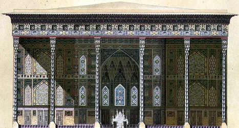 Pavilon Chehel Situn, neboli „40 sloupů“, Isfahán, deska 42-43 z „Moderní památky Persie“, vyryl A. Levie
