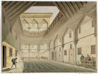 Pohled na vnitřek karavansail, domov Azira Osmana Agha. Akvarel od Pascala Coste (1787-1879) Muzeum středomořské archeologie, Marseille