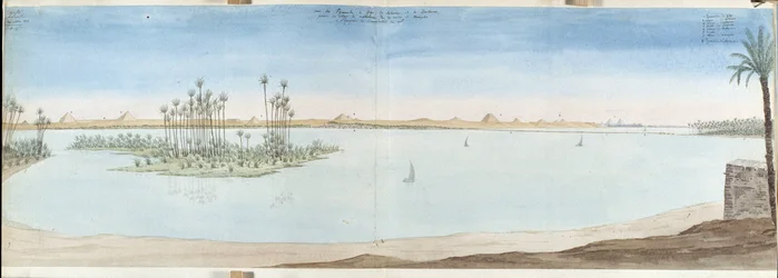 Pohled na pyramidy Guiseh (Guiseh, Gíza, Gíza), Sakarra a Datekour. Egyptský akvarel Pascal Coste (1787-1879) Městská knihovna v Marseille