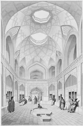 Adji Seid Hussein Bazaar, v Kashan, z „Voyage Pittoresque“ z Persie, vyrytý Louis Felix Penel (fl. 1780-1830), vydal Lemercier, Paříž, 1856