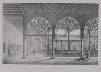 Pohled na interiér dervišského kláštera v Káhiře z knihy "Monuments and Buildings of Cairo", kterou vyryl Emile Edmond Ollivier (1800-64), vydalo nakladatelství Letronne, Paříž, 1829.