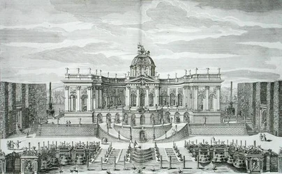 Velká jeskyně a fontánová zahrada v Princely Pleasure Palace and Gardens, Berlín, rytina Johanna Augusta Corvina (1683-1738), publikováno kolem 1711-16 (rytina)