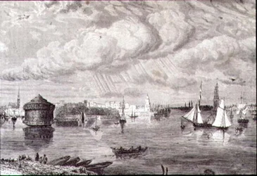 New York Harbor v 60. letech 19. století (rytina)