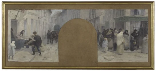 Skica pro pařížskou radnici, kancelář prefekta: Převoz raněných do ambulance. Fronty před obchodem během obléhání Paříže v roce 1870