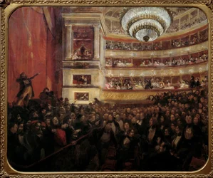 Premiéra Hernani Premiérové představení díla „“Hernani““ od Victora Huga (1802-1885) v Comedie Francaise dne 25.2.1830. Obraz Paula Alberta Besnarda (1849-1934) 19. století Sun. 1,05x1,22 m Paříž, dům Victor Hugo