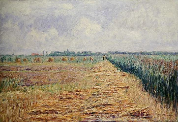 Plochá holandská krajina pod letní oblohou s jasnými bílými mraky, asi 1890 (olej na plátně)
