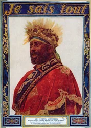 Portrét Negus z Etiopie, Menelik II (1844-1913), ilustrace z časopisu Je Sais Tout, kolem roku 1900