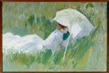 Portrét Madame Helleu, manželky malíře, v trávě Malba Paula Cesara Helleua (1859-1927) před rokem 1927, olej na plátně, Rozm. 0,54x0,81 m Rouen, musee des Beaux Arts - Portrét Madame Helleu, manželky malíře, ležící v trávě. Malování b
