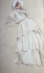 Žena stojící naklánějící se zezadu (pastel)