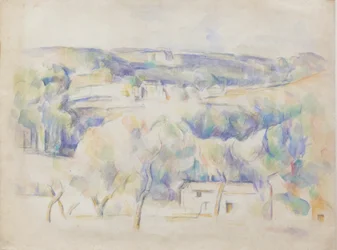 Dům a háj, kolem roku 1890 (tužka a akvarel na papíře)