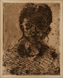 Panenská hlava. Rytina Paula Cezanna (1839-1906). Leptání. Rozměr: 32,5 x 25 cm. Musee Granet, Aix En Provence.