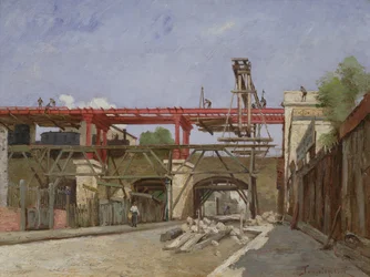 Dělníci zvyšující silniční železniční tratě na mostě Rue de la Voute, Paříž, 1888