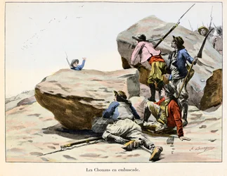 Chouannerie: Les Chouans en ambuscade, konec 18. století - Ilustrace Emile Boutigny (1853-1929) V "" Hoche-Marceau-Desaix "" Theodore Cahu (1854-1928) - Soukromá sbírka - Chouannerie: Ilustrace Emile Boutigny (185 -1929) pro „Hoche-Marcea