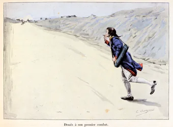 Desaix má svůj první boj: Charles Antoine Desaix de Veygoux (1768-1800) zajme vězně v Landau in der Pfalz (Německo), zatímco armáda ustupuje - ilustrace Emile Boutigny (1853-1929) V „Hoche-Marceau-Desaix“ od Theodore Cahu (1854-1928) - Pr