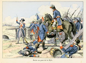 Hoche au pont de la Dyle: V březnu 1793, kryjící ústup na průjezdu Dyle před Leuven (Belgie), bojoval Lazare Hoche (1768-1797) proti Rakušanům - ilustrace Emile Boutigny (1853-1929) V „Hoche-Marceau-Desaix“ od Theodora