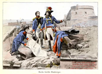 Hoche opevňuje Dunkerque: V roce 1793 praporčík-generál Lazare Hoche (1768-1797) brání Dunkerque proti Britům tím, že znesnadňuje nepřátelům řídit město - ilustrace Emile Boutigny (1853-1929) V „Hoche-Marceau-Desaix “ od Theodora